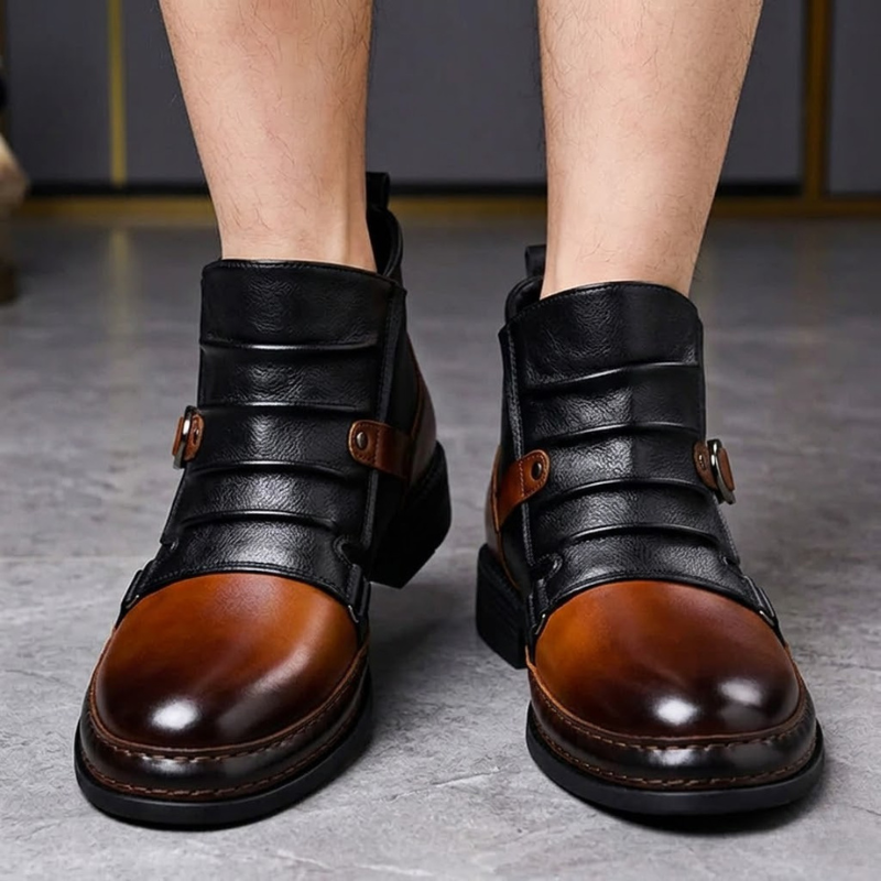 Men's Two Tone Ankle Boots – Buckle Strap Pointed Toe Stacked Heel Smart Casual