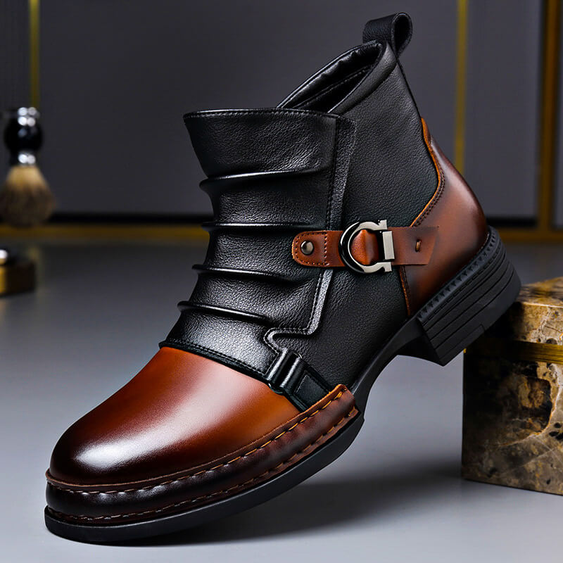 Men's Two Tone Ankle Boots – Buckle Strap Pointed Toe Stacked Heel Smart Casual