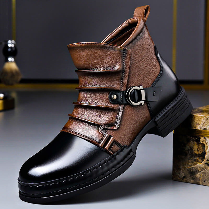 Men's Two Tone Ankle Boots – Buckle Strap Pointed Toe Stacked Heel Smart Casual