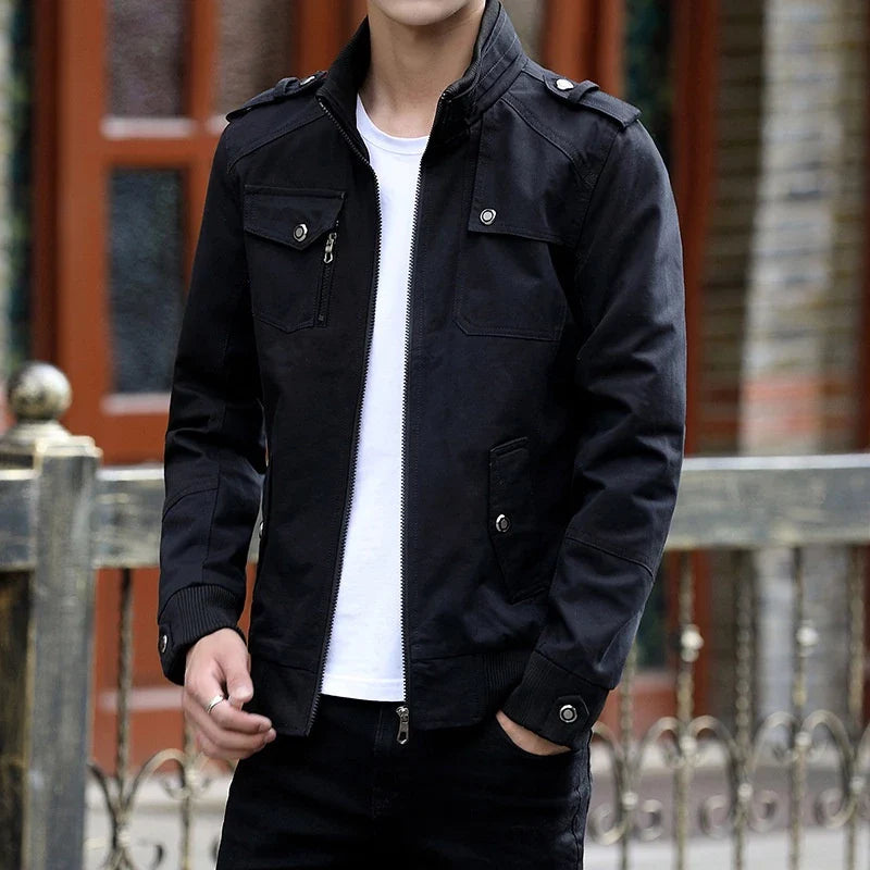 Men's Utility Bomber Jacket – Stand Collar Epaulette Multi Pocket Outerwear