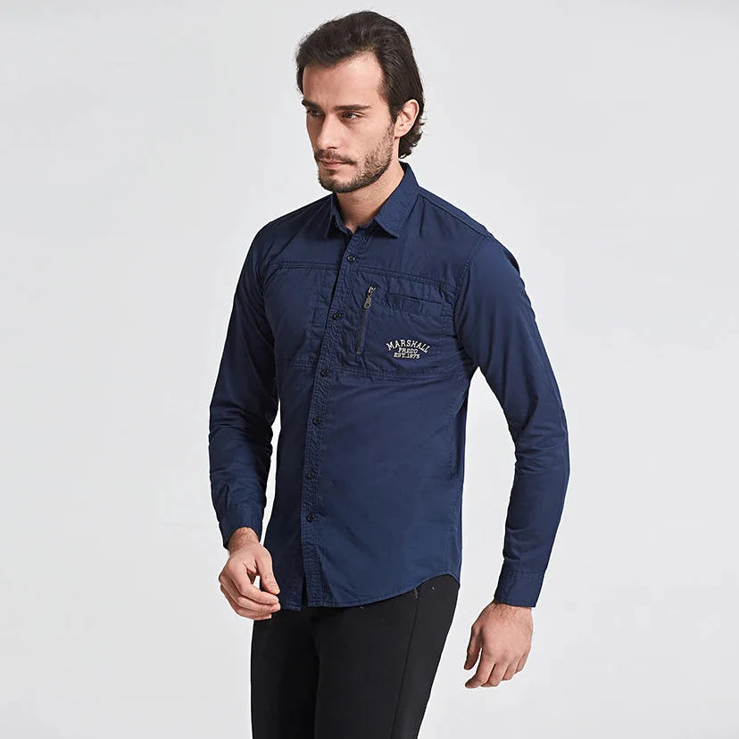 Men's Utility Solid Long Sleeve Shirt – Zip Chest Pocket Button Down Outdoor