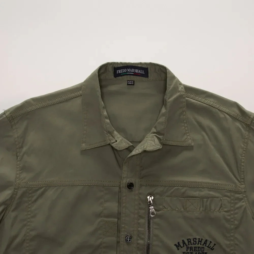 Men's Utility Solid Long Sleeve Shirt – Zip Chest Pocket Button Down Outdoor
