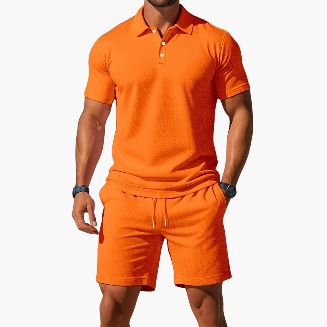 Men's Waffle Knit 2 Piece Set – Polo Shirt Drawstring Shorts Casual