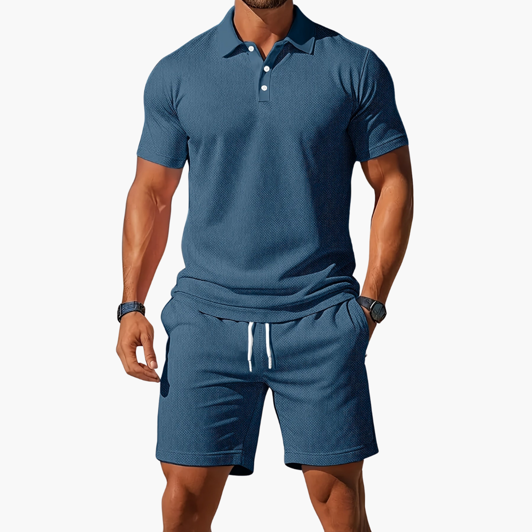 Men's Waffle Knit 2 Piece Set – Polo Shirt Drawstring Shorts Casual