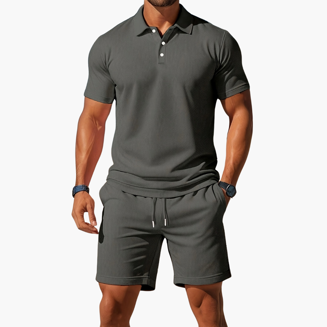 Men's Waffle Knit 2 Piece Set – Polo Shirt Drawstring Shorts Casual