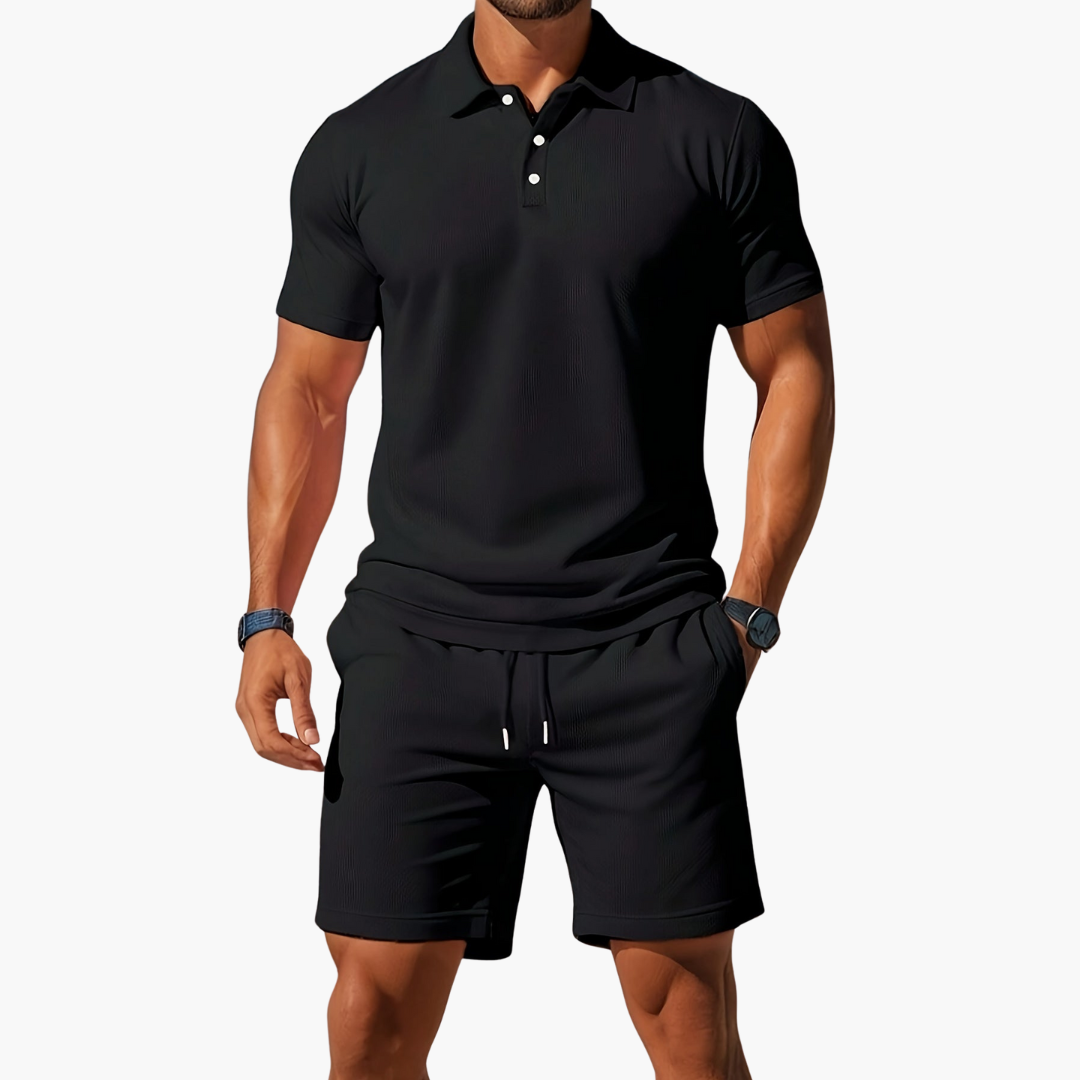 Men's Waffle Knit 2 Piece Set – Polo Shirt Drawstring Shorts Casual