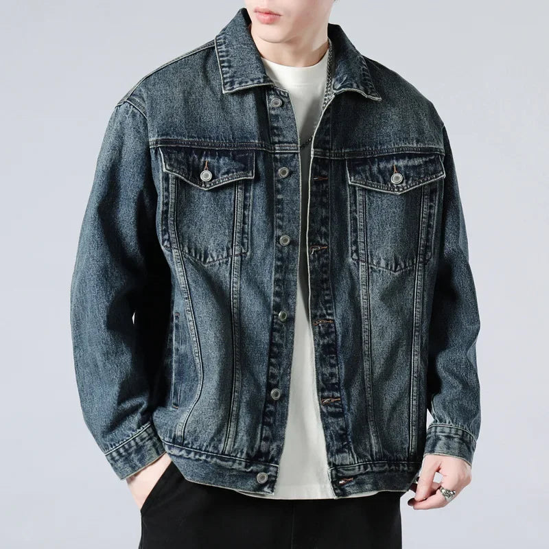 Men's Washed Denim Jacket – Button Front Chest Pocket Oversized Casual