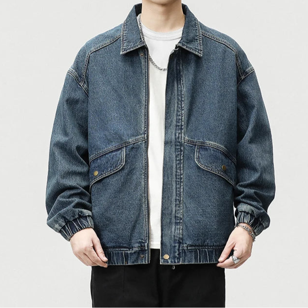 Men's Washed Denim Jacket – Zip Front Gathered Cuff Oversized Streetwear