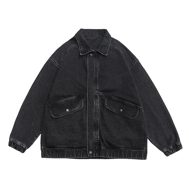 Men's Washed Denim Jacket – Zip Front Gathered Cuff Oversized Streetwear