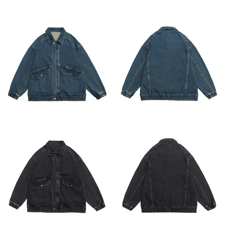 Men's Washed Denim Jacket – Zip Front Gathered Cuff Oversized Streetwear