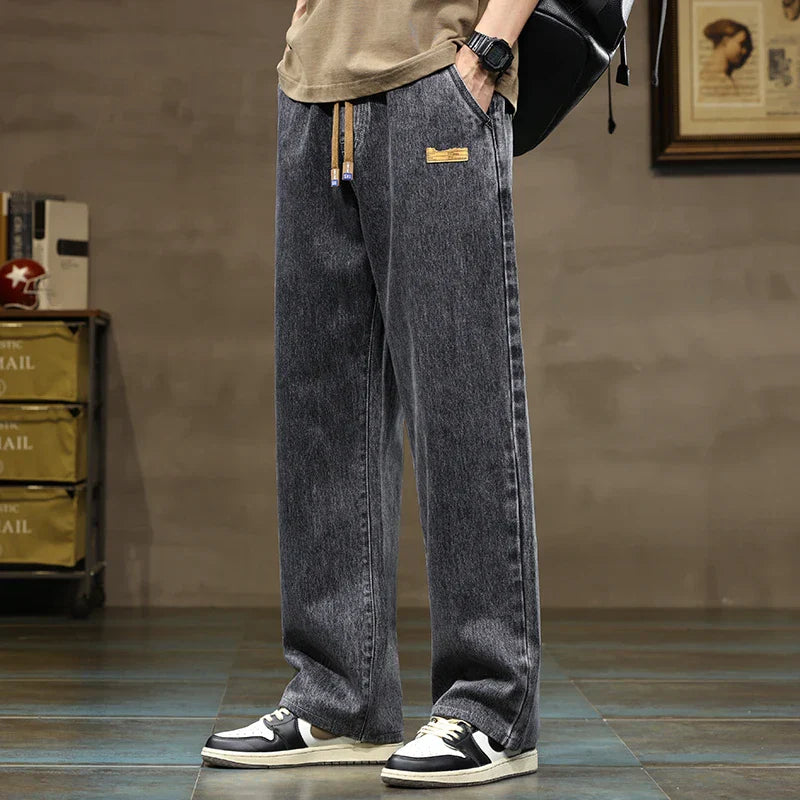 Men's Washed Wide Leg Jeans – Drawstring Waist Straight Fit Casual Street