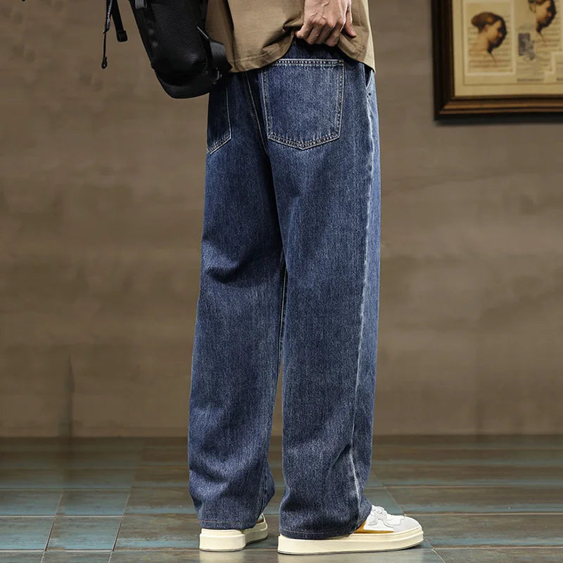 Men's Washed Wide Leg Jeans – Drawstring Waist Straight Fit Casual Street