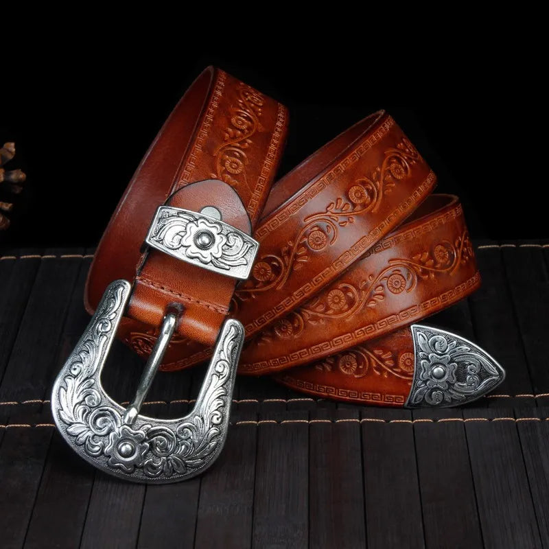 Men's Western Belt – Engraved Floral Buckle Embossed Strap Casual