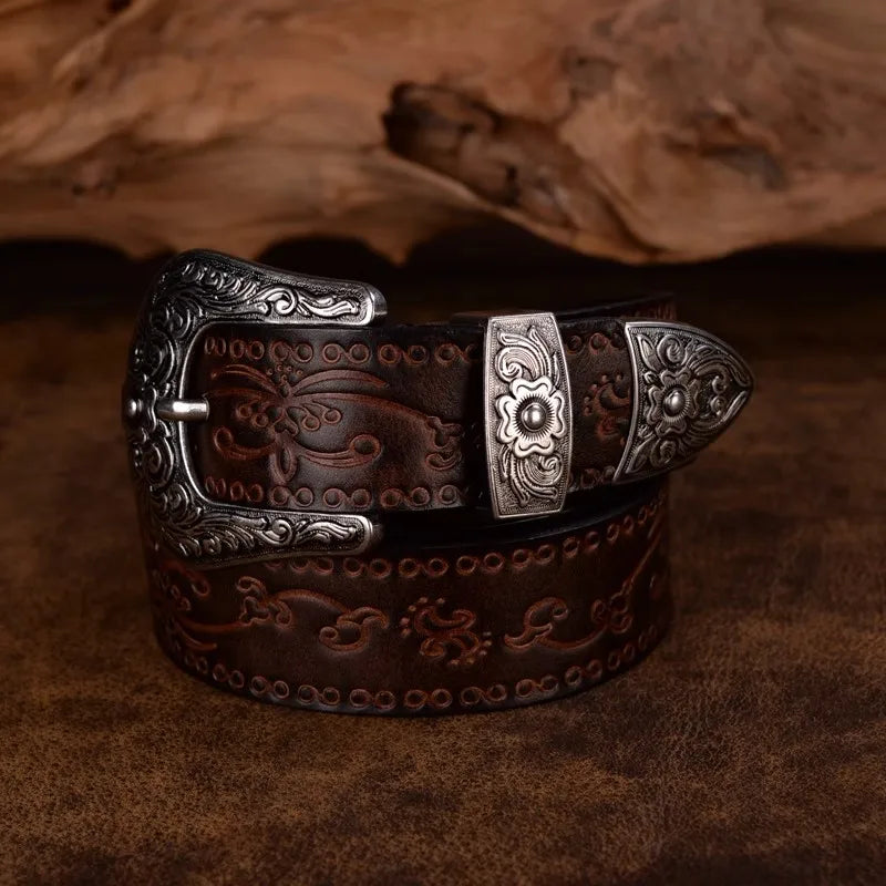 Men's Western Belt – Engraved Floral Buckle Embossed Strap Casual