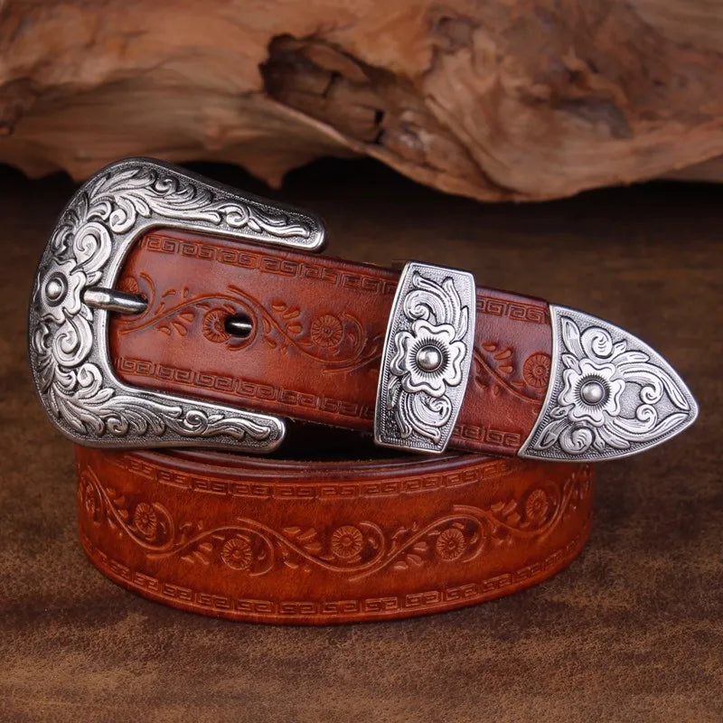 Men's Western Belt – Engraved Floral Buckle Embossed Strap Casual
