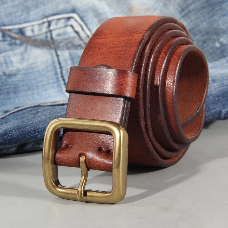 Men's Western Belt – Wide Strap Brass Pin Buckle Distressed Vintage Country