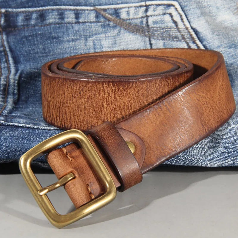 Men's Western Belt – Wide Strap Brass Pin Buckle Distressed Vintage Country
