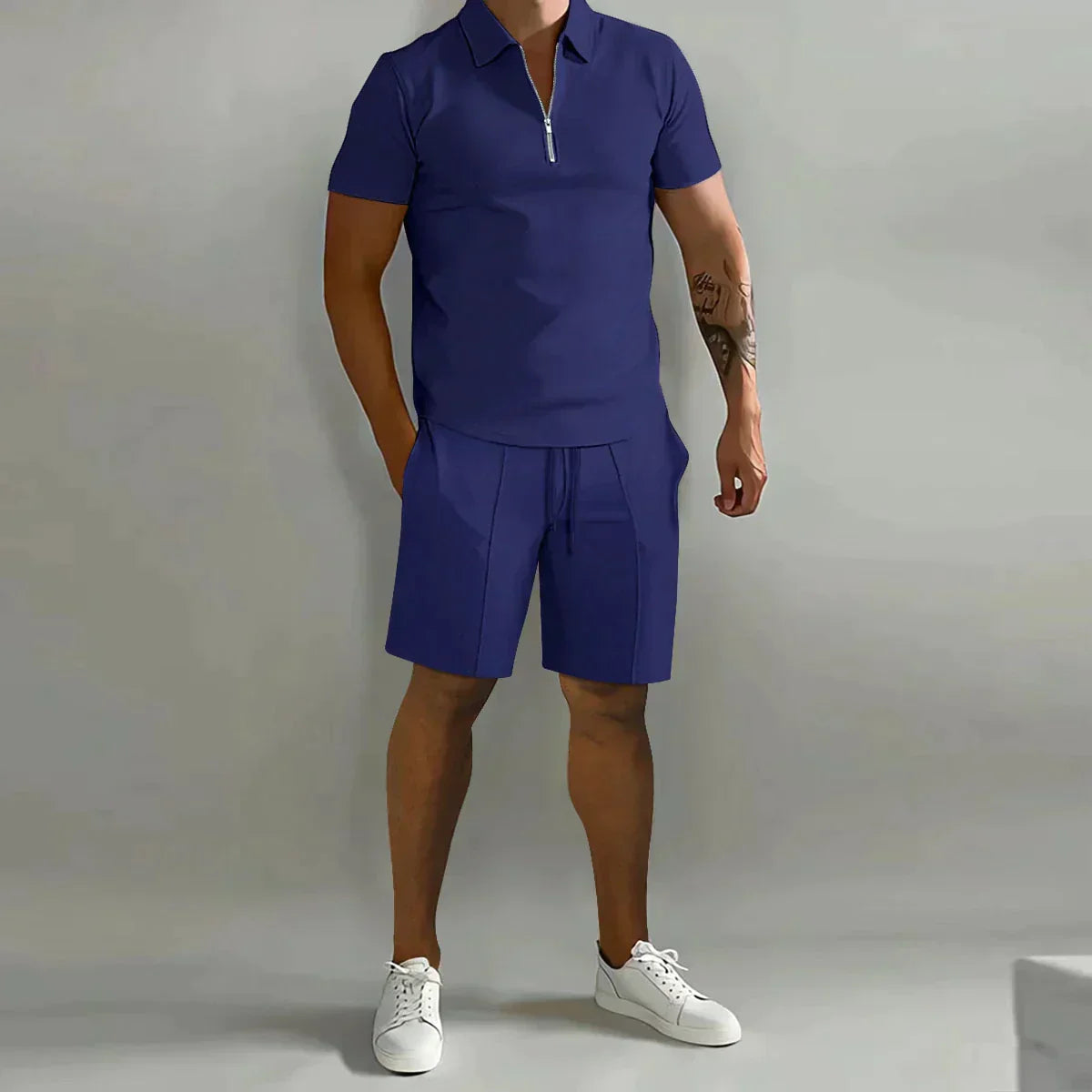 Men's Zip Polo 2 Piece Set – Short Sleeve Drawstring Shorts Casual