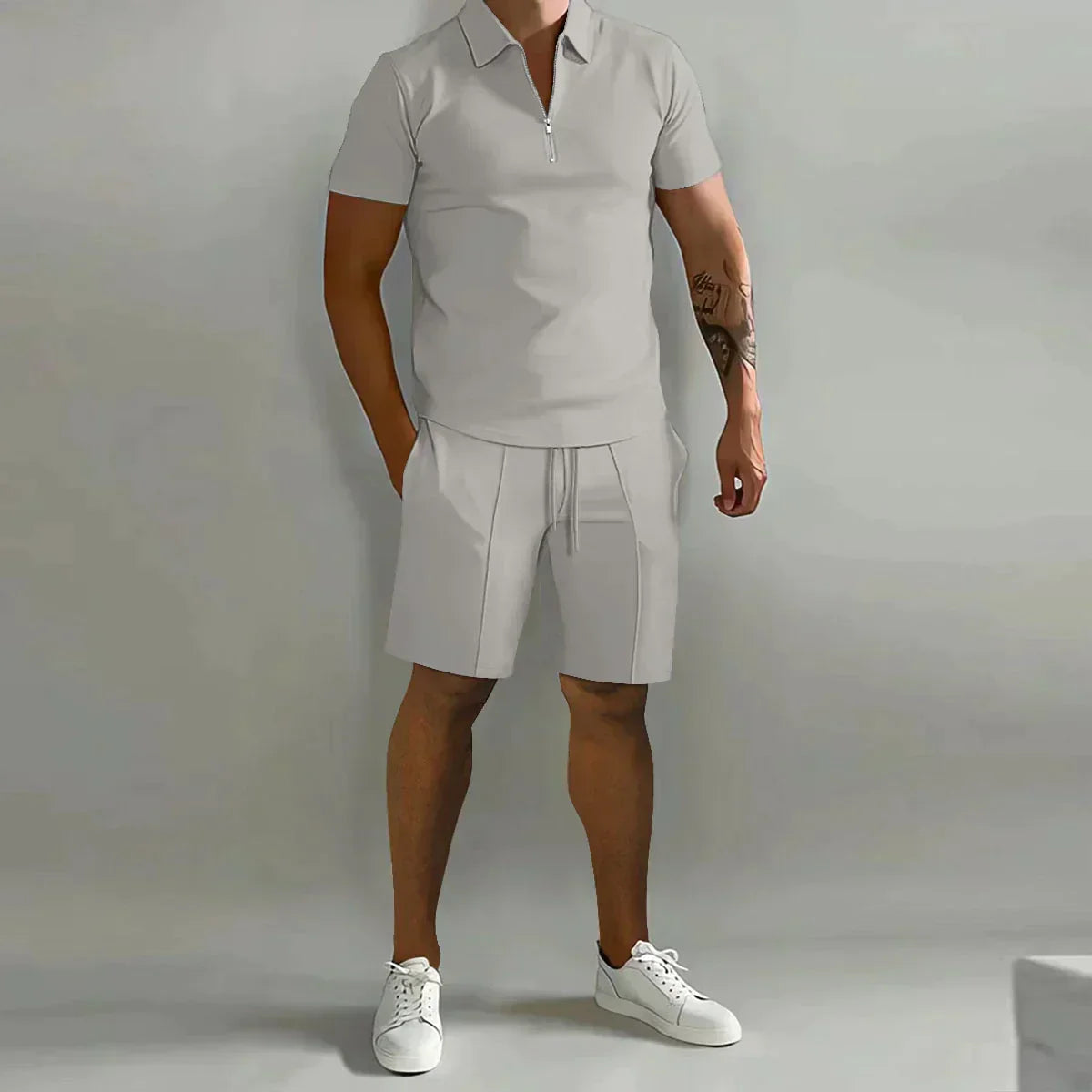 Men's Zip Polo 2 Piece Set – Short Sleeve Drawstring Shorts Casual