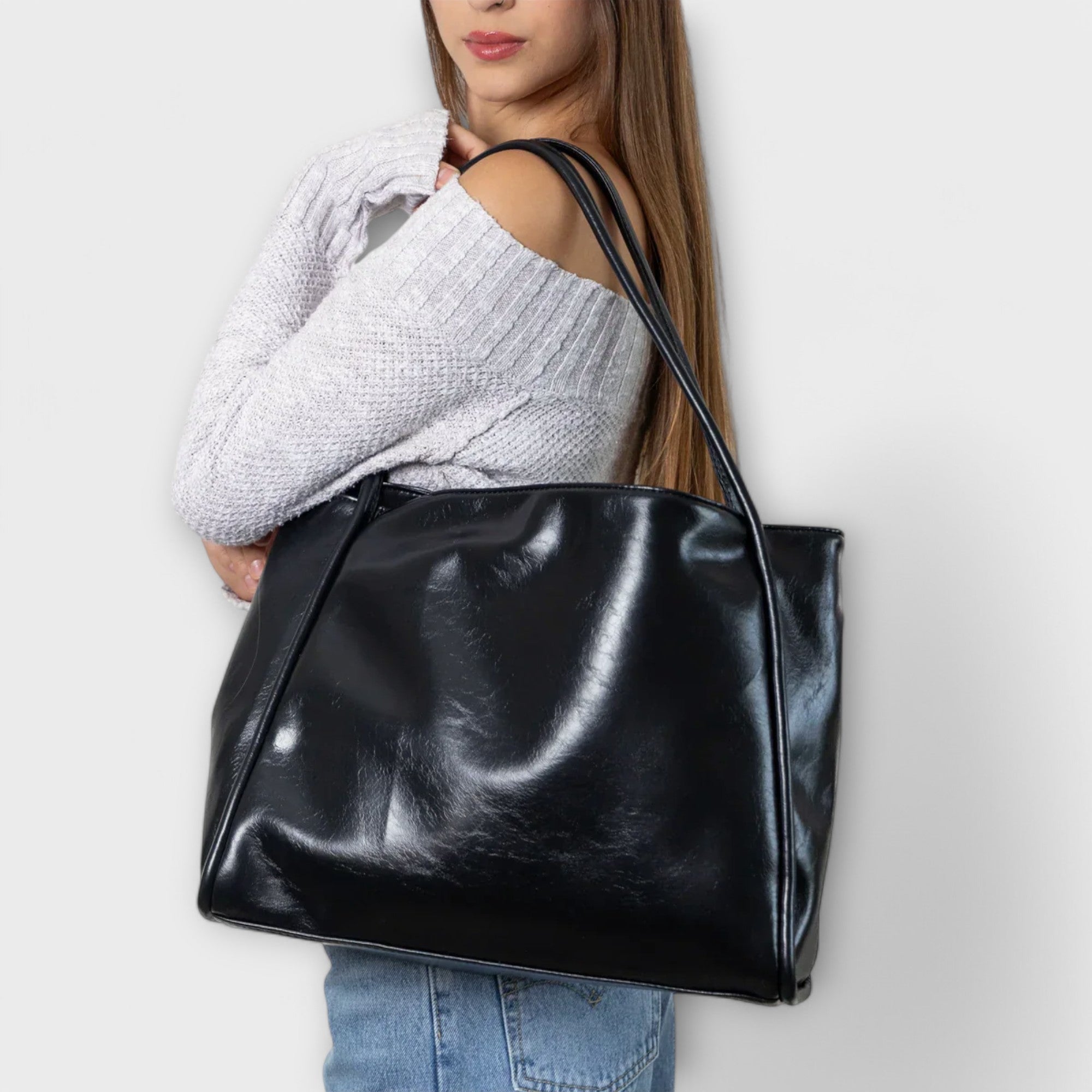 Women's Large Shoulder Bag – Glossy Patent Boxy Dual Strap Work Everyday