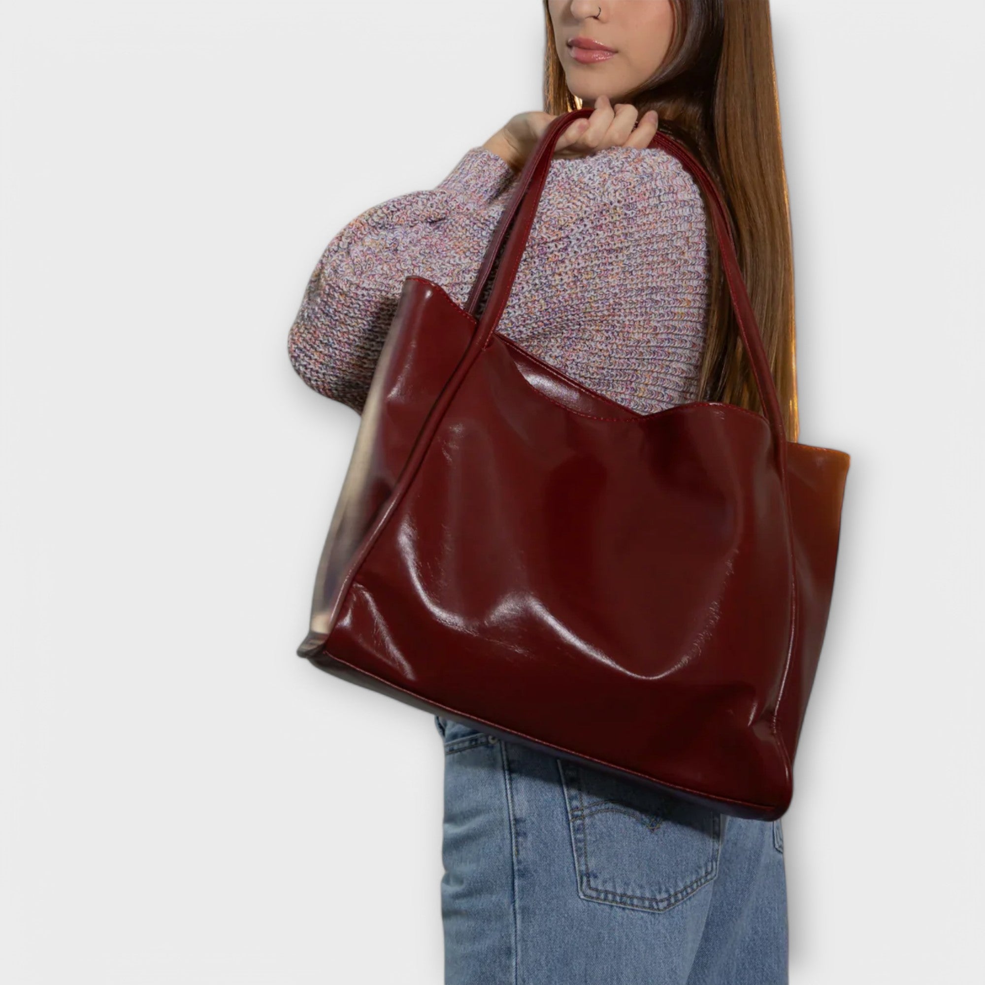 Women's Large Shoulder Bag – Glossy Patent Boxy Dual Strap Work Everyday