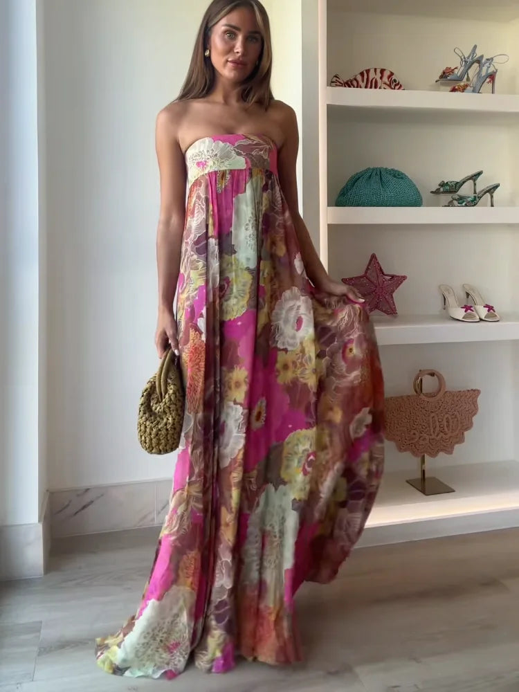 Women's Strapless Floral Maxi – Empire Waist Gathered Wedding Guest Dress