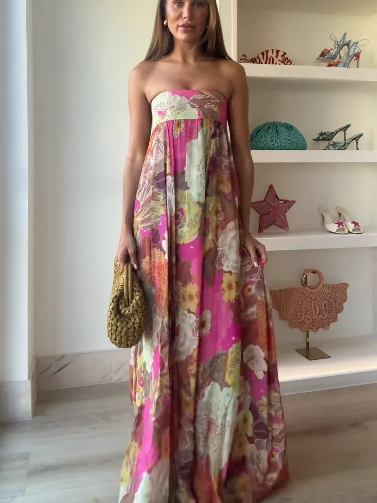 Women's Strapless Floral Maxi – Empire Waist Gathered Wedding Guest Dress