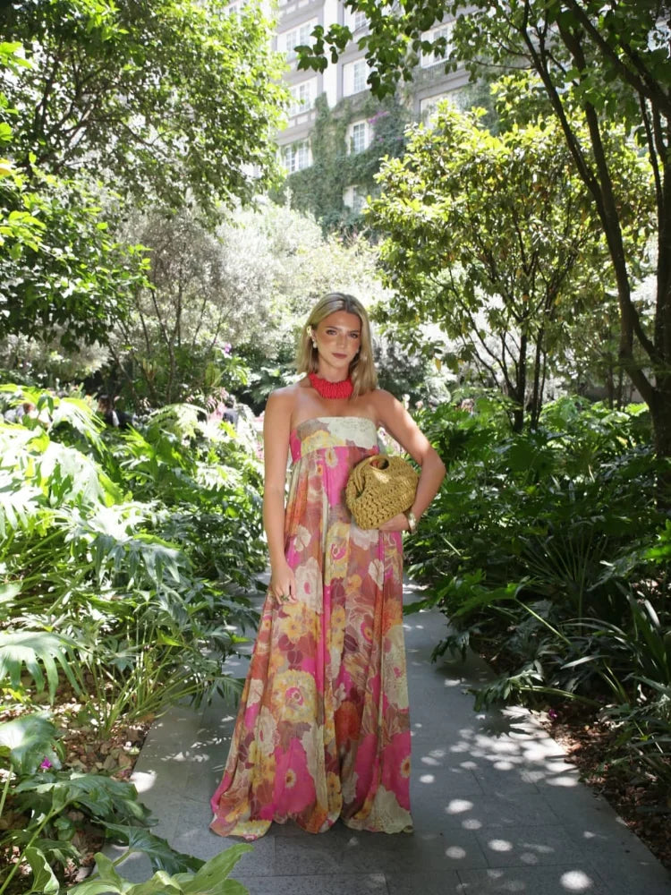Women's Strapless Floral Maxi – Empire Waist Gathered Wedding Guest Dress