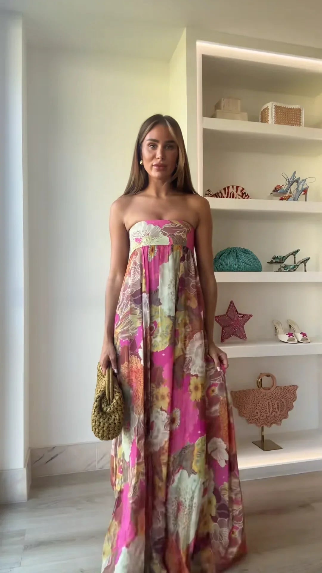 Women's Strapless Floral Maxi – Empire Waist Gathered Wedding Guest Dress
