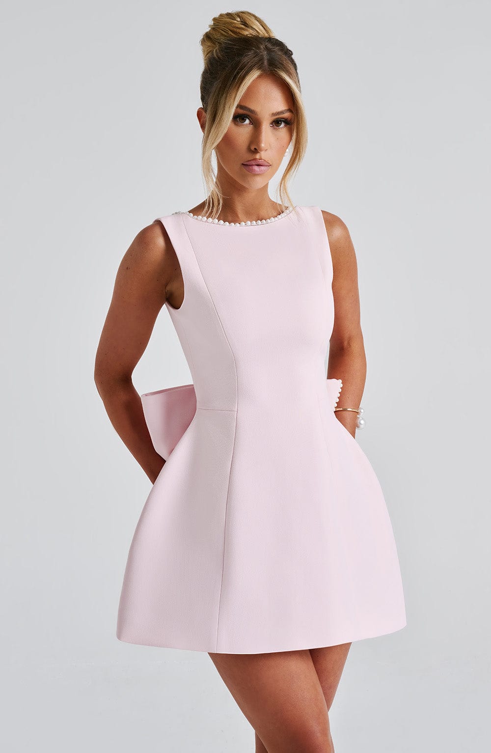 Women's A-Line Mini Dress – Pearl Trim Bateau Neck Sleeveless Wedding Guest