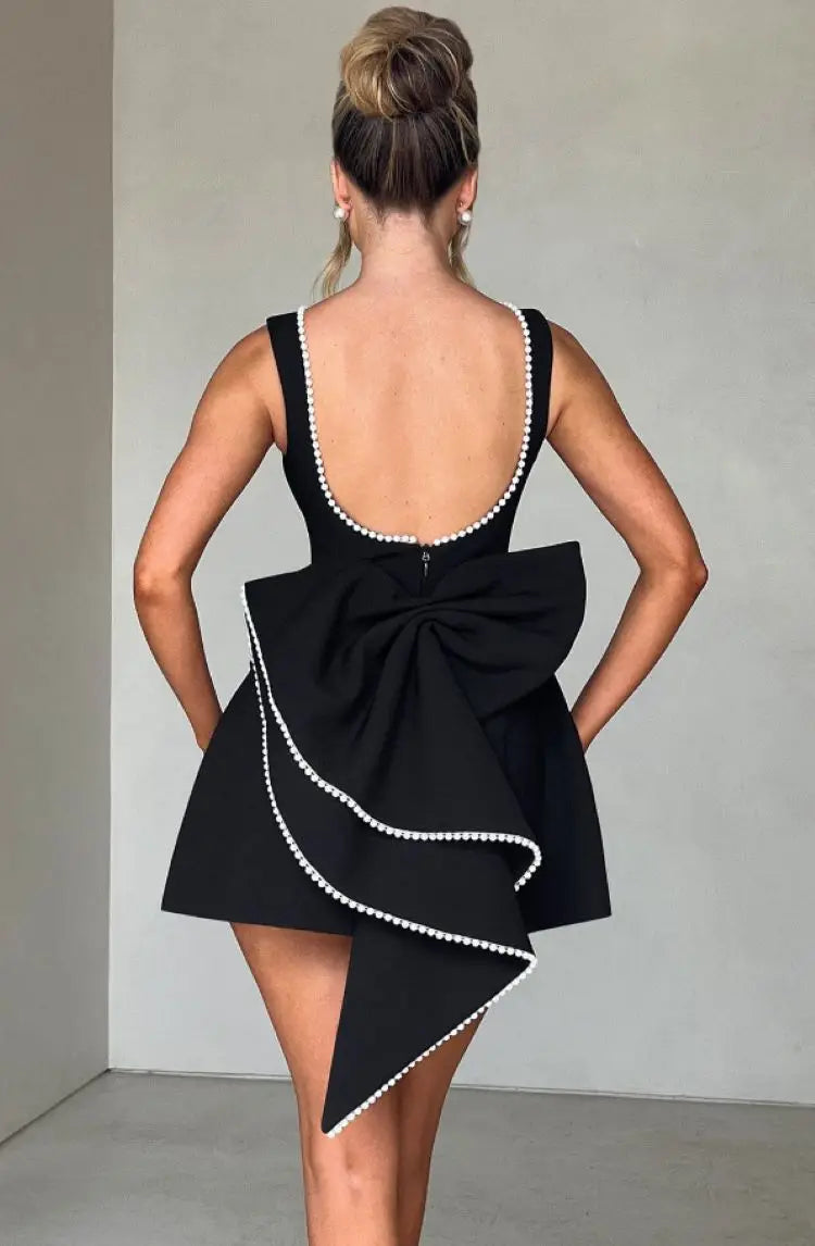 Women's A-Line Mini Dress – Pearl Trim Bateau Neck Sleeveless Wedding Guest