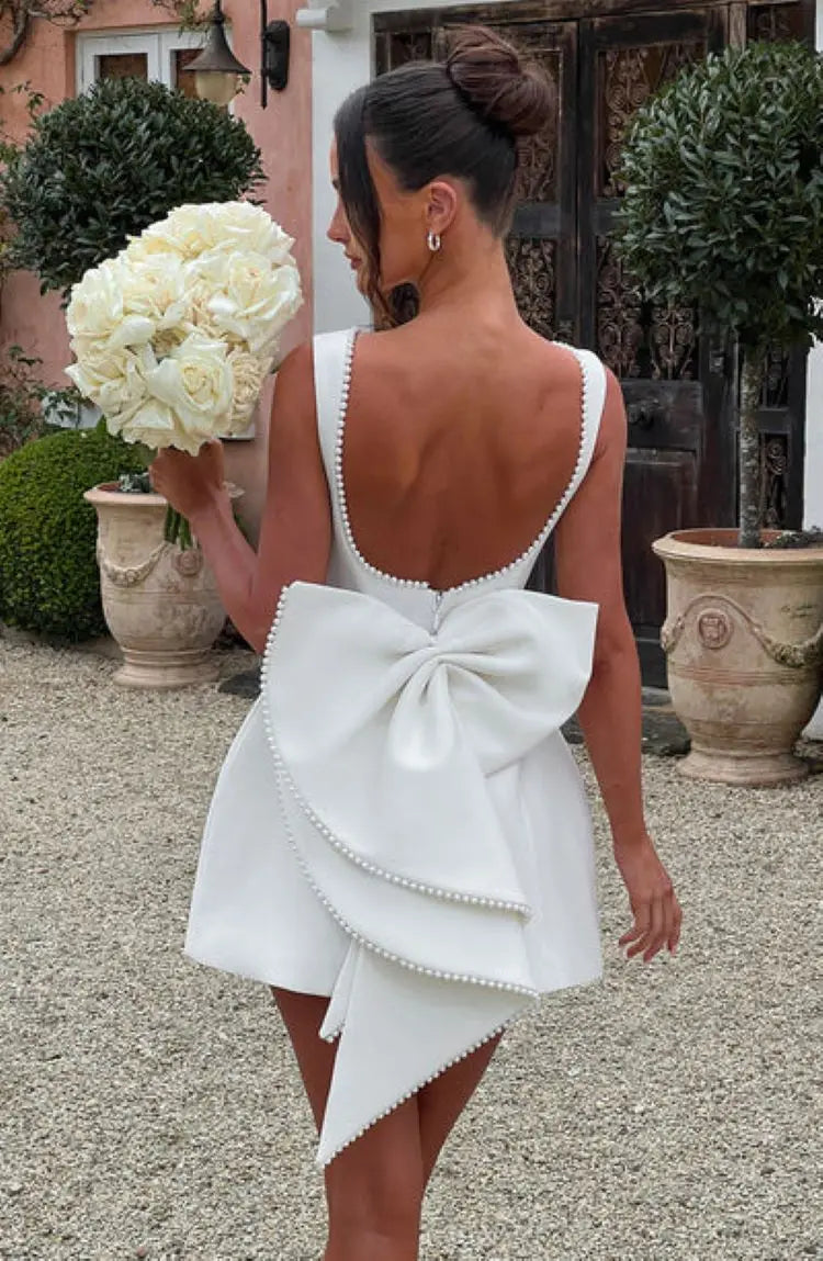 Women's A-Line Mini Dress – Pearl Trim Bateau Neck Sleeveless Wedding Guest