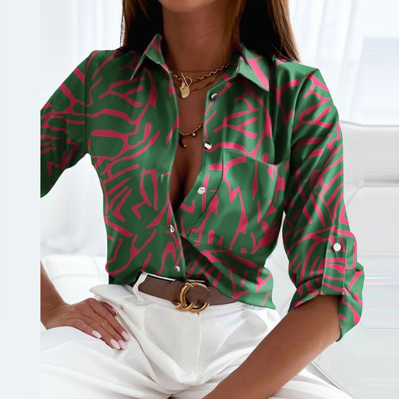 Women's Abstract Print Blouse – Long Sleeve Button Down Collar Work Casual