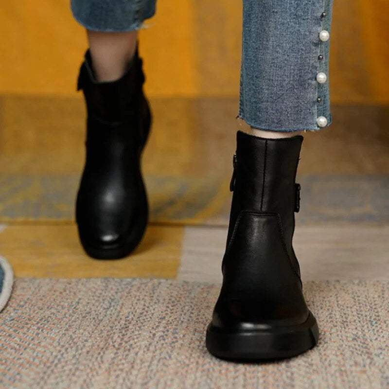 Women's Ankle Boots – Round Toe Flat Platform Buckle Strap Side Zip Casual