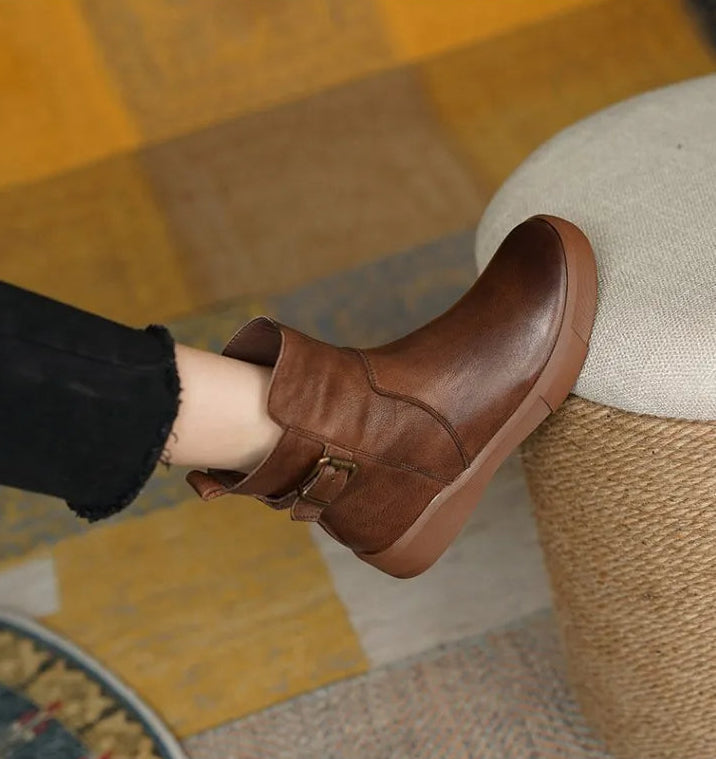 Women's Ankle Boots – Round Toe Flat Platform Buckle Strap Side Zip Casual