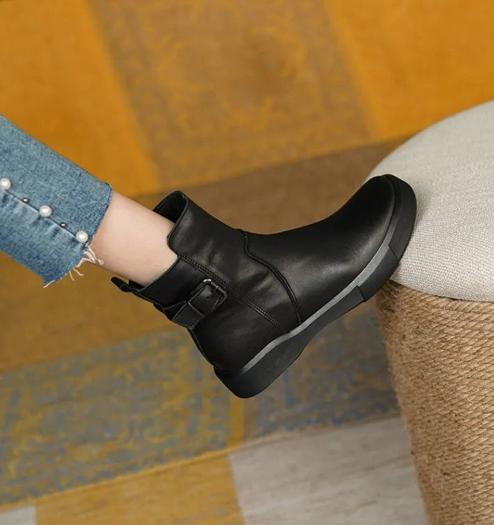 Women's Ankle Boots – Round Toe Flat Platform Buckle Strap Side Zip Casual