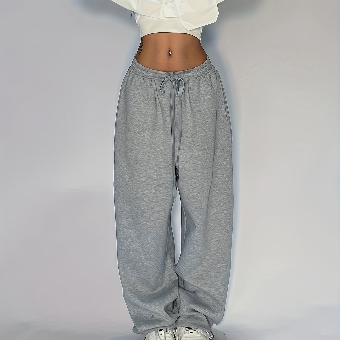 Women's Baggy Sweatpants – Mid Rise Drawstring Open Hem Lounge Casual
