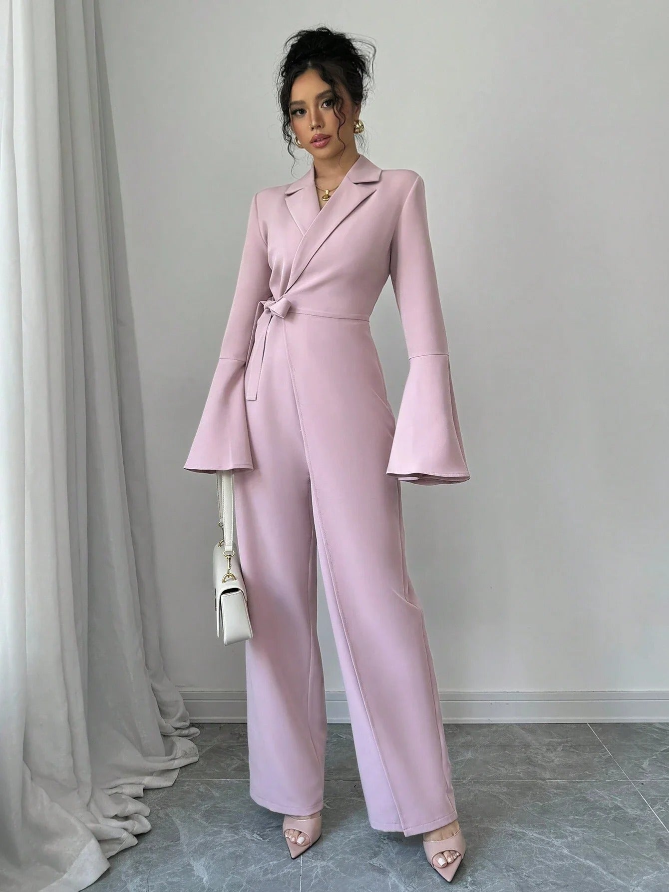 Women's Blazer Wrap Jumpsuit – Flare Sleeve Belted Wide Leg Work Party