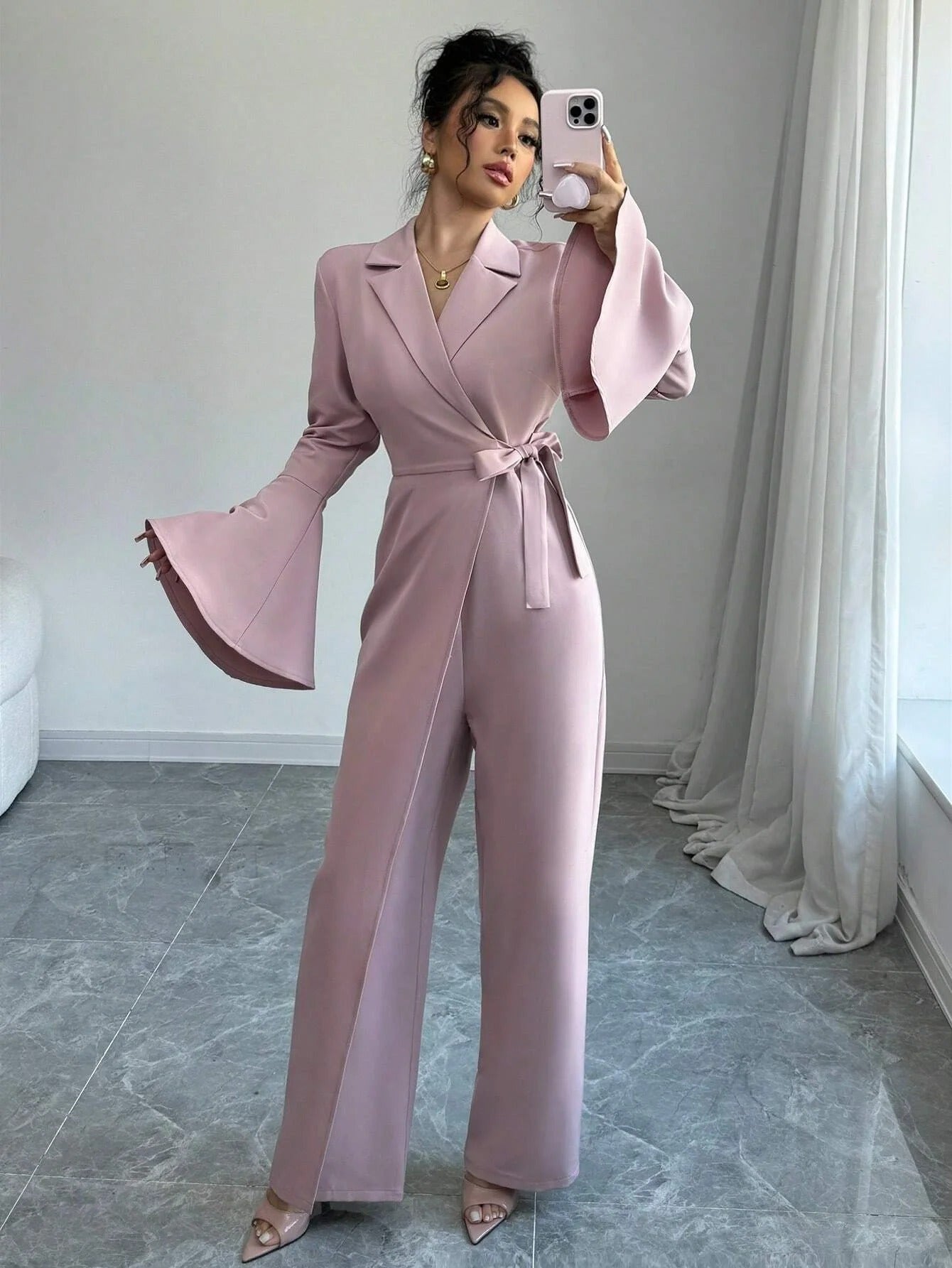 Women's Blazer Wrap Jumpsuit – Flare Sleeve Belted Wide Leg Work Party
