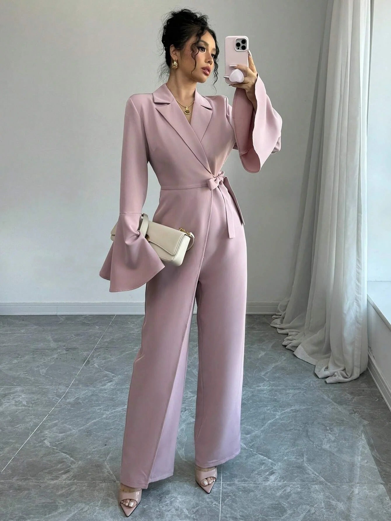 Women's Blazer Wrap Jumpsuit – Flare Sleeve Belted Wide Leg Work Party