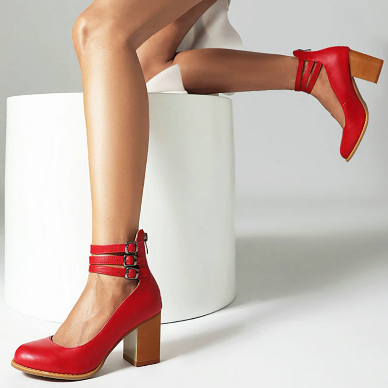 Women's Block Heels – Triple Buckle Ankle Strap Round Toe Office Party