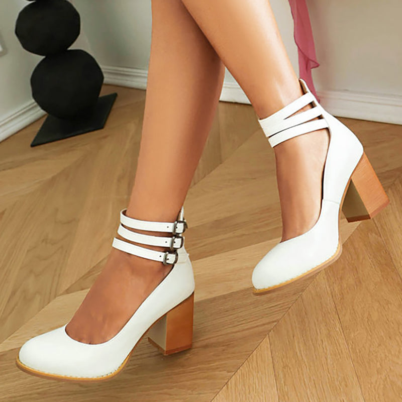 Women's Block Heels – Triple Buckle Ankle Strap Round Toe Office Party