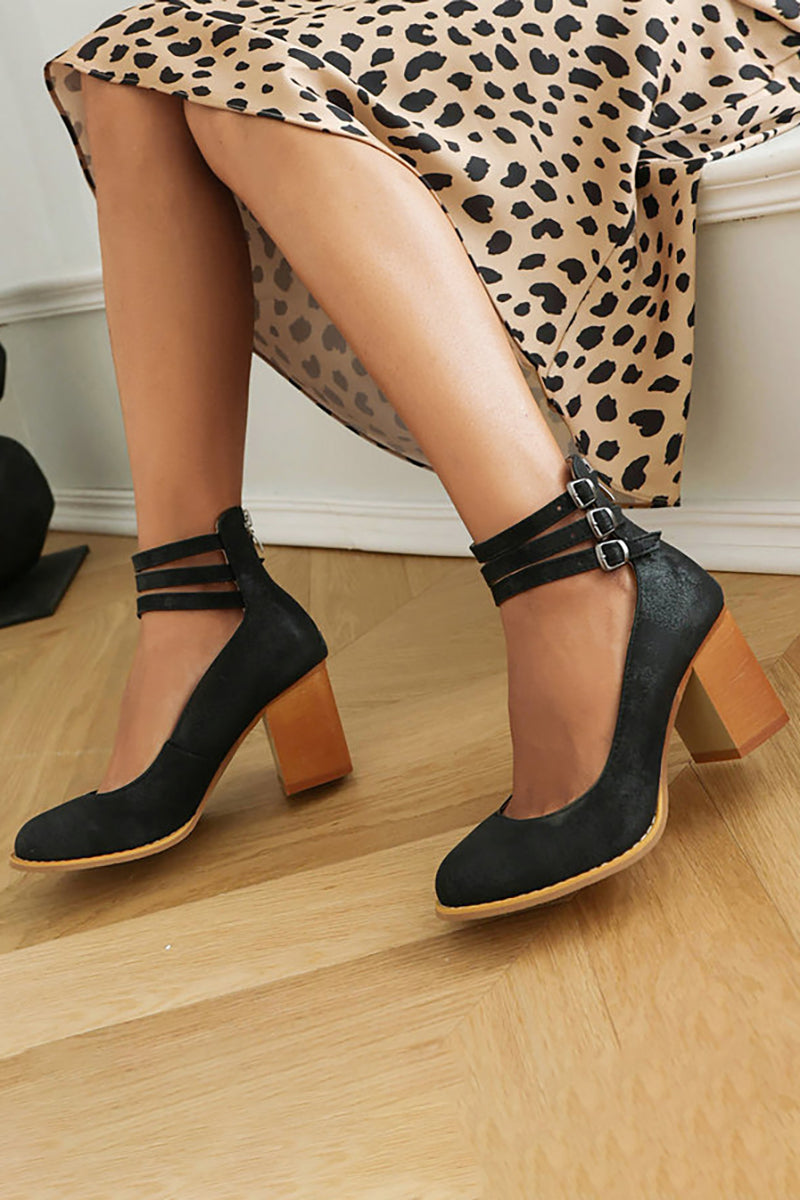 Women's Block Heels – Triple Buckle Ankle Strap Round Toe Office Party