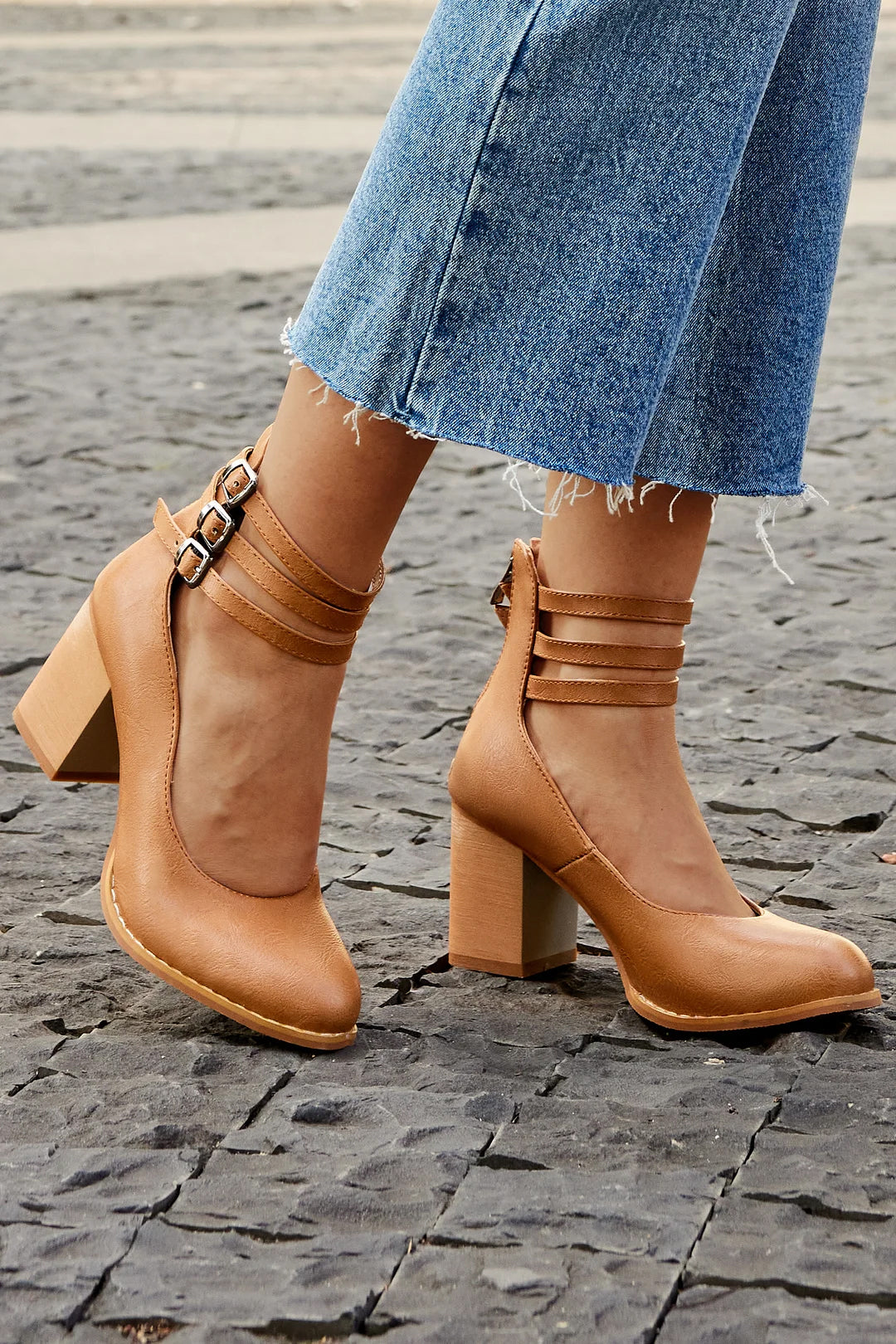Women's Block Heels – Triple Buckle Ankle Strap Round Toe Office Party