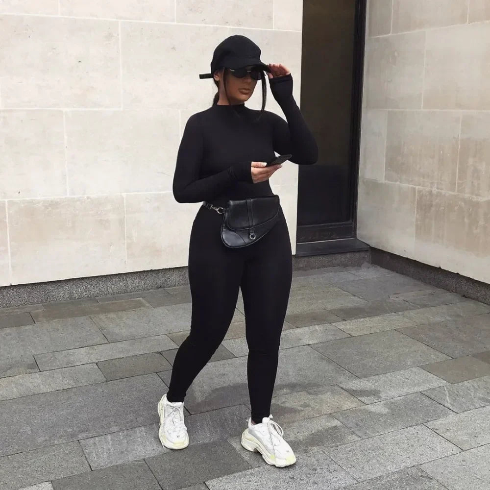 Women's Bodycon Jumpsuit – Long Sleeve Mock Neck Full Length Activewear