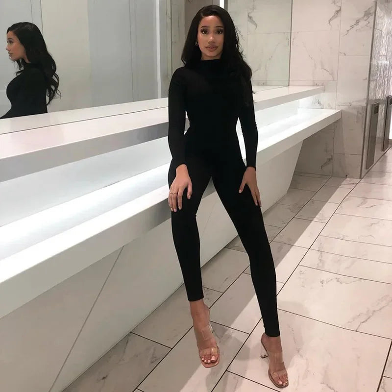 Women's Bodycon Jumpsuit – Long Sleeve Mock Neck Full Length Activewear