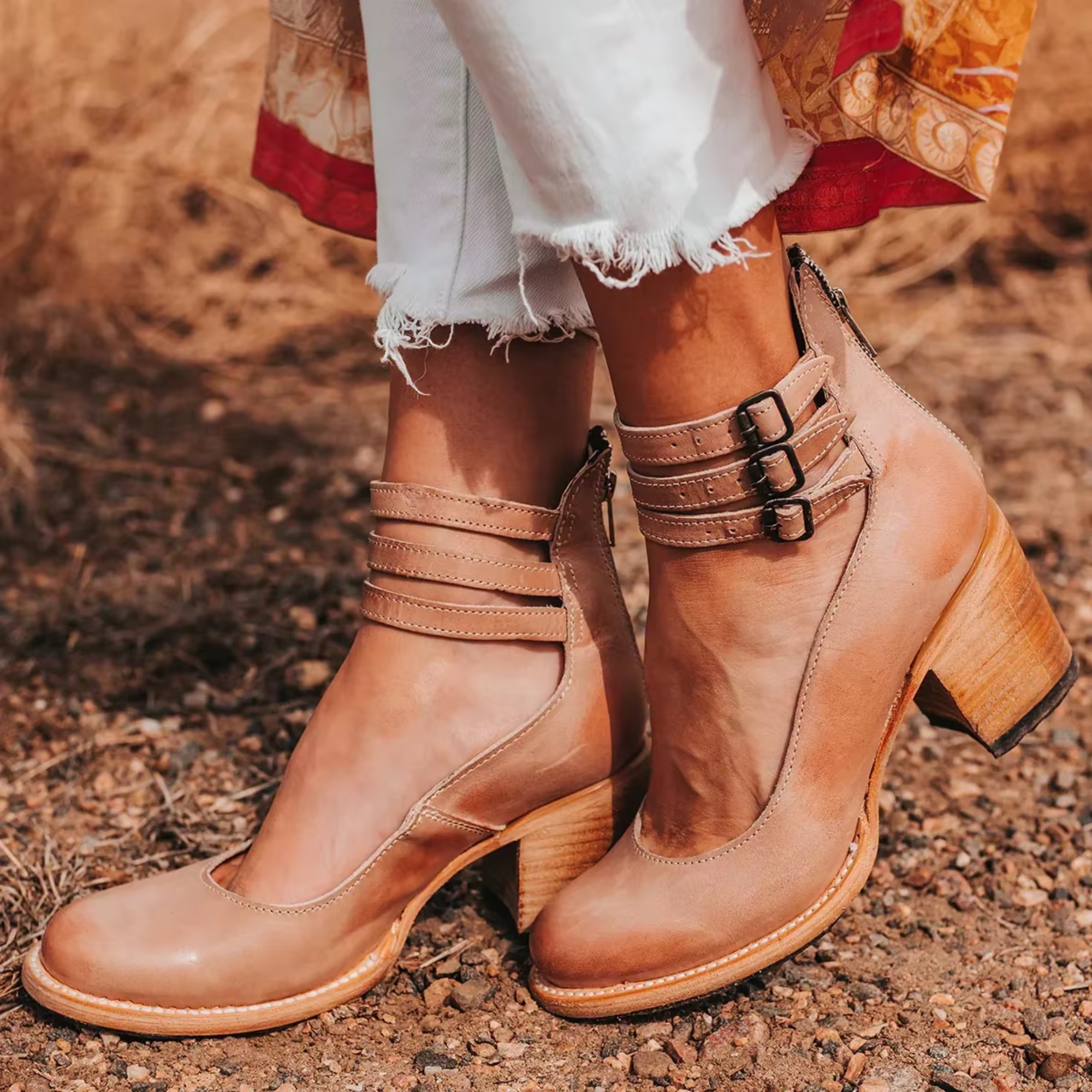 Women's Boho Ankle Boots – Double Buckle Strap Stacked Block Heel Closed Toe