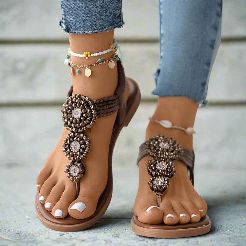 Women's Boho Beaded T-Strap Flat Sandals – Medallion Toe Post Summer Beach