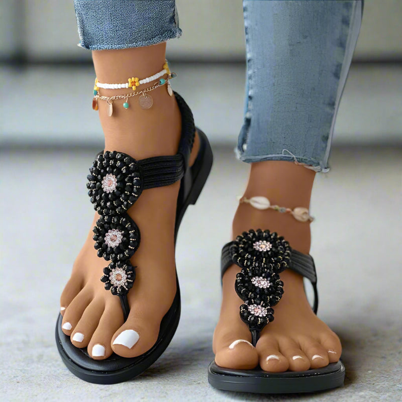 Women's Boho Beaded T-Strap Flat Sandals – Medallion Toe Post Summer Beach
