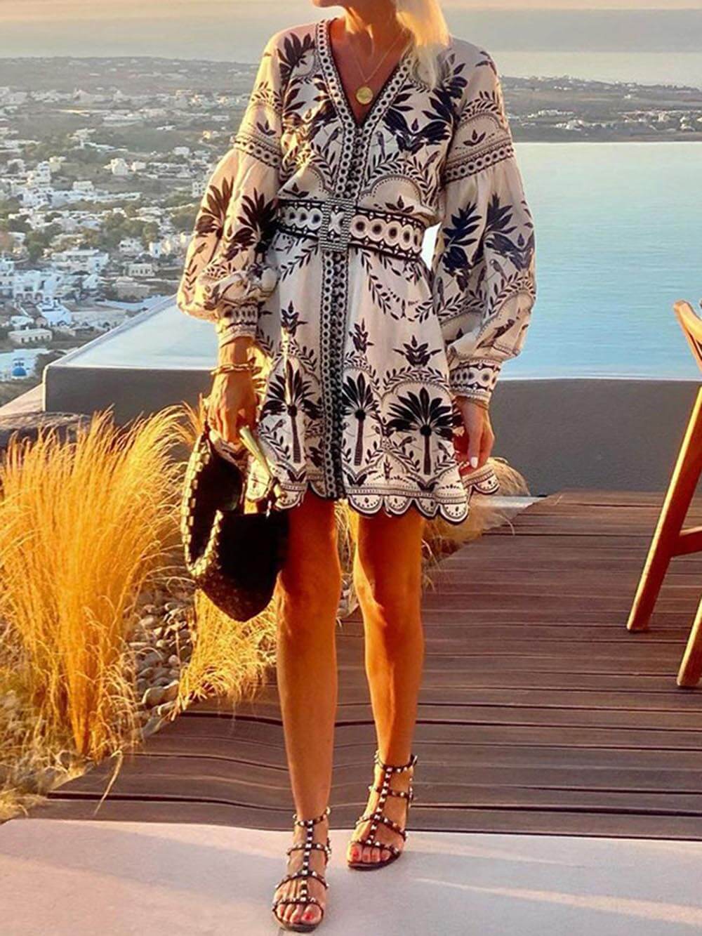 Women's Boho Botanical Print Mini Dress – V Neck Puff Sleeve Scallop Hem